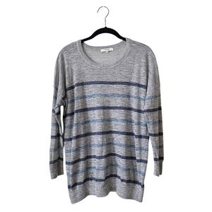 Madewell Linen Top Womens Size M Gray Blue Striped Crewneck Long Sleeve Pullover
